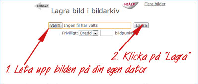 Du letar upp bilden du vill anv�nda p� din egen dator och klickar p� knappen lagra.