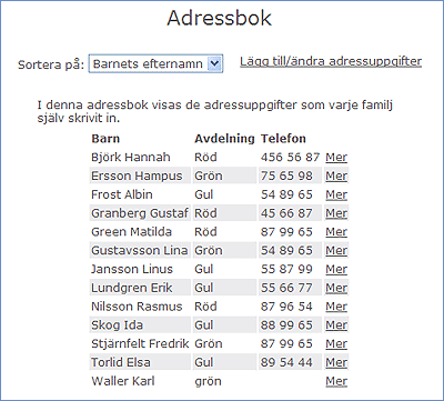 I adressboken skriver man in barnets namn, samt vårdadshavarnas namn och kontakuppgifter. Smidigt för förskolan och andra föräldrar när man vill ha tag på en person. I adressboken skriver man in barnets namn, samt vårdadshavarnas namn och kontakuppgifter. Smidigt för förskolan och andra föräldrar när man vill ha tag på en person.