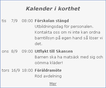 På startsidan kan du se de tre närmaste händelserna från kalendern.