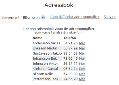 I adressboken lägger man själv in sitt namn och övriga uppgifter så att tränare/ledare och lagkamrater enkelt kan nå dig.